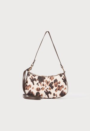 Leopard-print shoulder bag with a curved shape, made of textured fabric. Features a brown leather strap and gold-tone hardware accents.