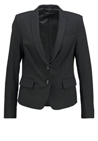 Černý blázr s přizpůsobeným designem, dvěma knoflíky, klopami a předními kapsami. Hladká látka s elegantním, jednoduchým povrchem.