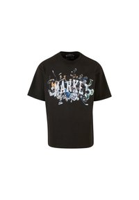 Sort bomuld t-shirt med et farverigt grafisk design af hockeyspillere og ordet "MARKET" i fede hvide bogstaver på forsiden.