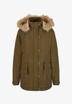 Hnedá krátka parka bunda s kapucňou vystlanou umelým kožuchom, štyrmi prednými vreckami, gombíkovými zapínaniami a nastaviteľnými šnúrkami v páse.