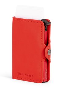 Red leather wallet with a smooth texture, rounded edges, button closure, and side slot for cards, featuring embossed branding on the front.