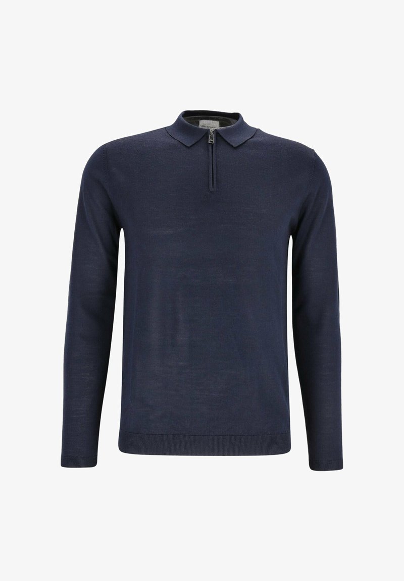 Marineblauer Langarm-Polo-Pullover mit Viertel-Reißverschluss sowie gerippten Bündchen und Saum.
