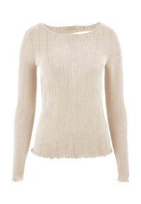Maglione beige a maniche lunghe con lavorazione a coste, collo rotondo e sottile dettaglio a intaglio. Presenta un tessuto strutturato e orlo sfrangiato.
