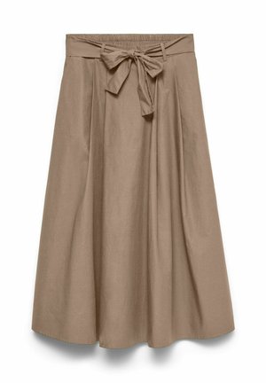 Jupe beige longueur genou en forme trapèze avec taille haute et ceinture en tissu nouée à l'avant, fabriquée en matière légère.