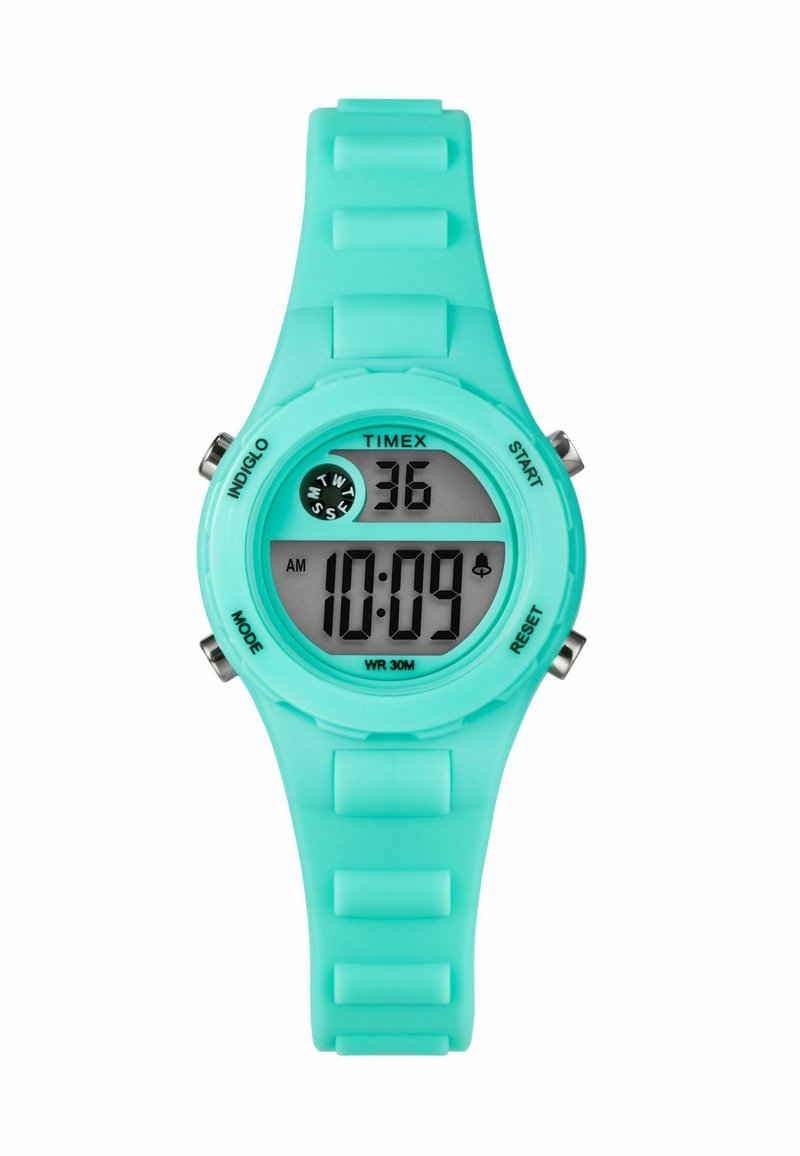 Montre numérique avec un bracelet en silicone vert menthe et un boîtier rond, affichant un écran numérique noir indiquant l'heure et la date, étanche jusqu'à 30 mètres.