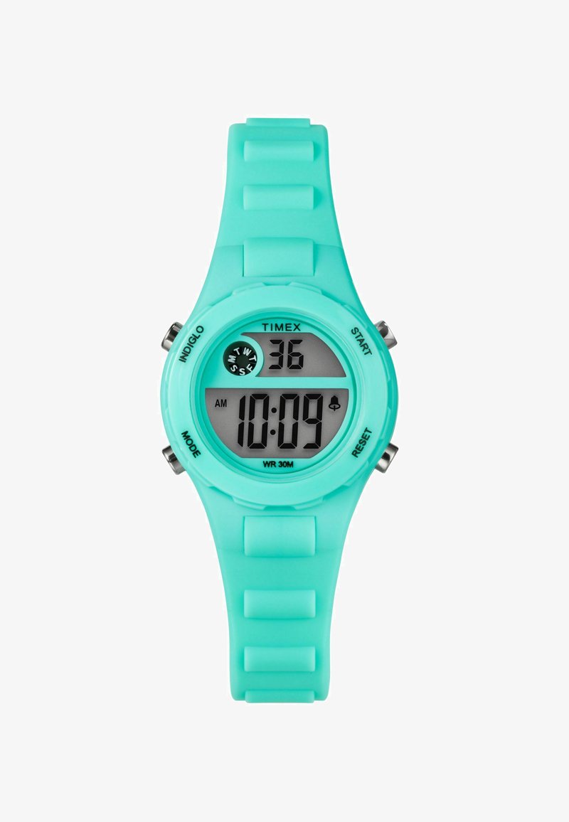 Orologio digitale con cinturino in silicone verde menta e cassa rotonda, dotato di un display digitale nero che mostra ora e data, resistente all'acqua fino a 30 m.