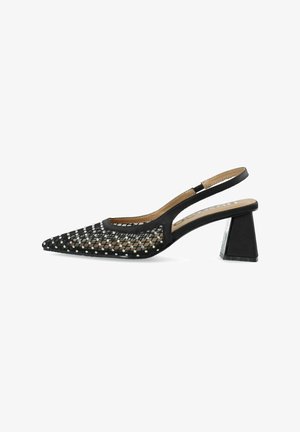Black slingback heel with a pointed toe, mesh upper featuring polka dots, and a medium block heel. Textured surface with contrasting accents.
