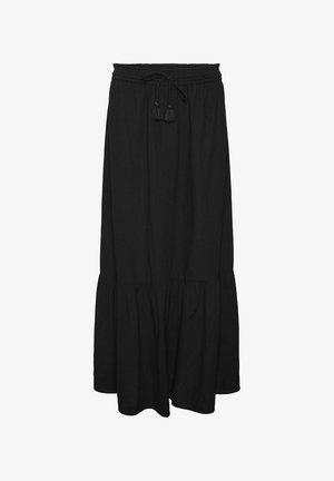 Črna maxi krila iz lahkotnega blaga, s tiered oblikovanjem, elastičnim pasom z vrvico in okrasnimi fru-fruji.