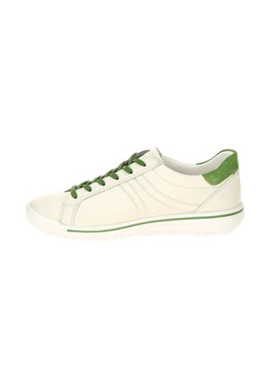 White low-top sneaker with green laces, green heel tab, and green stripe on sole, featuring stitched side detailing.