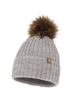Gray knitted beanie with ribbed texture, fur pom-pom on top, and a small brown logo patch on the side.