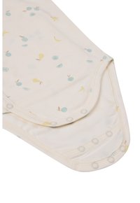 Baumwollbodysuit aus weichem Creme-Stoff, der mit kleinen bunten Fruchtmustern in Blau, Gelb und Grün verziert ist. Druckknopfverschluss im Schritt.