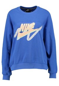 Blå sweatshirt i en bomullsblandning, med en stor vit och persikofärgad Nike-logga med penseldragseffekt på framsidan, ribbade muddar och nederkant.