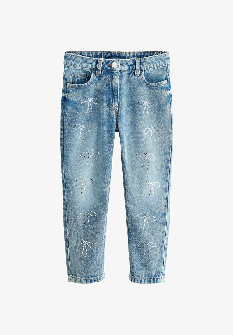 Lyseblå denim jeans med rhinsten sløjfe designs ned langs begge ben, med frontlommer og knaplukning i taljen.