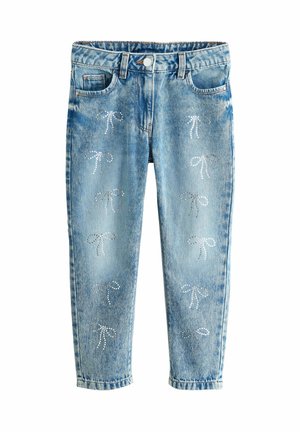Jeans in denim azzurro chiaro con una vestibilità slim, caratterizzati da disegni a forma di fiocco in strass argentati sul davanti e tasche classiche.