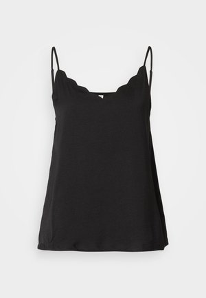 Black scalloped cami top with thin straps, soft texture, and a loose fit. Features a slightly curved neckline and simple design.