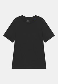 T-shirt nera a maniche corte realizzata in cotone morbido, con scollo a girocollo e una piccola etichetta blu sull'orlo. Design semplice senza motivi.
