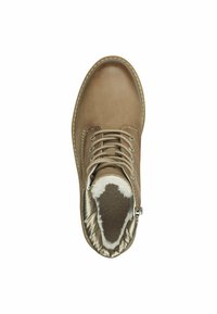 Bottines en cuir brun avec un bord en fourrure texturée, des détails cousus et des accents métalliques. Design à lacets avec fermeture éclair sur le côté.