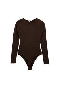 Langærmet brun bodysuit lavet af blødt stof, med rund halsudskæring, tætsiddende pasform og trykknaplukning i bunden.