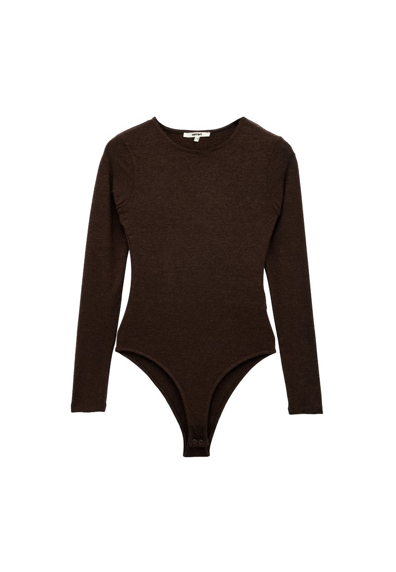 Langærmet brun bodysuit lavet af blødt stof, med rund halsudskæring, tætsiddende pasform og trykknaplukning i bunden.