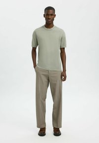 Vaaleanvihreä lyhythihainen paita pyöreällä kaula-aukolla, yhdistetty beigeihin housuihin ja ruskeisiin kenkiin. Sulava pinta, kapea istuvuus.