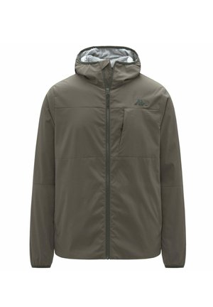 Giacca con cappuccio verde oliva con cerniera frontale, tasca con cerniera al petto, polsini elastici e morbido rivestimento interno in pile grigio nel cappuccio.