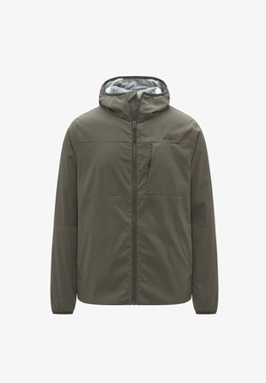 Veste à capuche vert olive avec fermeture éclair avant, poche zippée sur la poitrine, poignets élastiques et doublure interne en polaire grise douce dans la capuche.