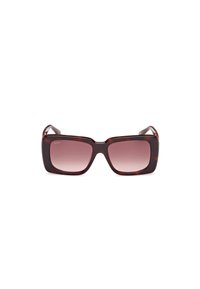 Gafas de sol de carey marrón con montura cuadrada, lentes graduados en tonos de rosa y patillas curvadas. Cuenta con una textura plástica suave y un diseño con una mínima marca.