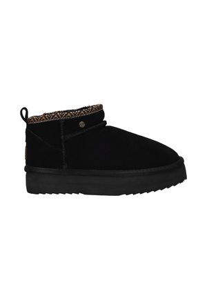 Zwarte enkellaarsjes met een zachte kraag, met een gemêleerd geweven patroon. Gemaakt van suede met een rubberen zool en gestikte details.