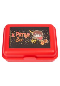 Lunch box rossa con coperchio nero caratterizzato da un personaggio dei cartoni animati, testo 'H. POTTER' e motivi di coriandoli colorati. Plastica resistente con una chiusura sicura.