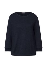 Donkerblauwe, gestructureerde trui met ronde hals en driekwartmouwen. Heeft een losse pasvorm en geen zichtbare hardware.