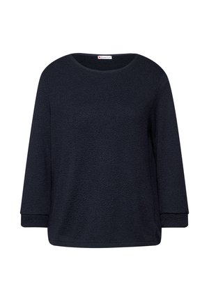 Dunkelblauer, texturierter Pullover mit Rundhalsausschnitt und dreiviertel Ärmeln. Verfügt über einen lockeren Schnitt und keine sichtbare Hardware.