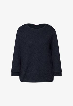 Dunkelblauer, texturierter Pullover mit Rundhalsausschnitt und dreiviertel Ärmeln. Verfügt über einen lockeren Schnitt und keine sichtbare Hardware.