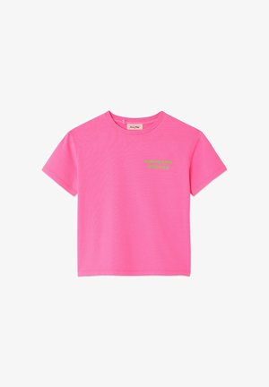 T-shirt en coton rose à manches courtes, avec "AMERICAN VINTAGE" brodé en vert sur le devant, col rond et coupe décontractée.