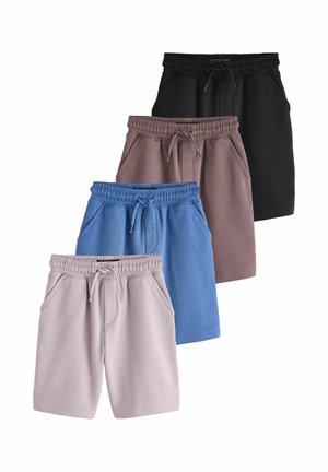 Vier Paar Shorts mit elastischem Bund und Kordelzügen in Beige, Blau, Braun und Schwarz, gestaffelt auf weißem Hintergrund gestapelt.