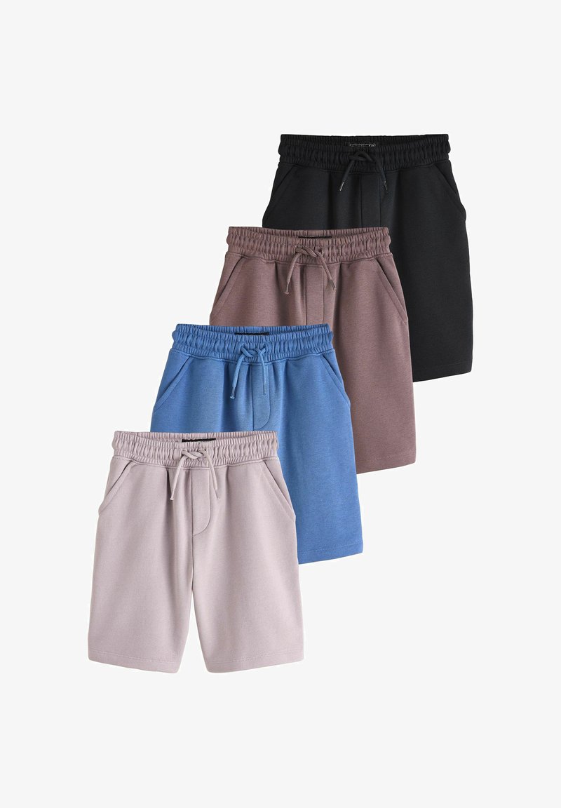 Quatre pantalons courts à taille élastique avec cordons de serrage en beige, bleu, marron et noir, disposés en pile décalée sur fond blanc.
