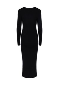 Μαύρο ρίχνι μπλούζα φόρεμα με εφαρμοστή σιλουέτα και στρογγυλή λαιμόκοψη, φτάνοντας μέχρι τα μισά του γάμπου. Απαλή υφή, χωρίς ορατά σχέδια ή διακοσμητικά στοιχεία.