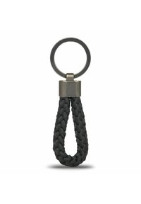 Llavero trenzado negro hecho de material sintético, con un anillo metálico suave y un diseño de asa ovalada para un fácil enganche.