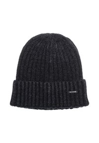 Gorro de punto acanalado negro con puño doblado y una pequeña etiqueta metálica rectangular en el puño que dice "MORATO" sobre un fondo blanco.