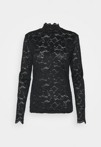 Sort blonde bluse med lange ærmer, høj krave, blomsterprint og bølgede manchetter, præget af en gennemskinnelig tekstur og tætsiddende silhuet.