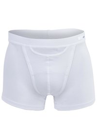 Boxer-briefs blancs en coton avec une texture lisse, une taille élastique et une poche avant renforcée. Design simple et classique sans motifs.