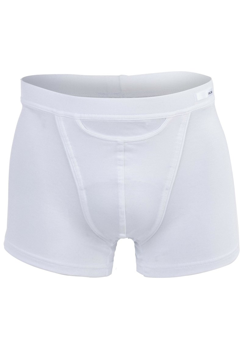 Boxer-briefs blancs en coton avec une texture lisse, une taille élastique et une poche avant renforcée. Design simple et classique sans motifs.