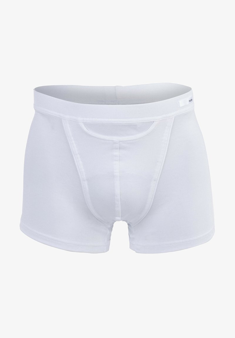 Boxer in cotone bianco con una texture liscia, cintura elastica e una tasca frontale di supporto. Design semplice e classico senza motivi.
