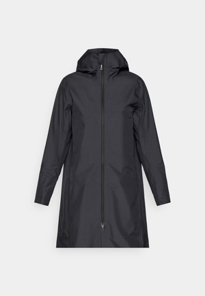 Čierny nepremokavý kabát s kapucňou, plným predným zipsom, dlhými rukávmi a minimalistic designom. Hladká textura, bez ozdôb.