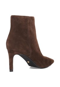 Brown suede ankle boot with pointed toe and slim high heel, shown from the outer side on a white background.