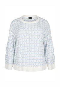 Pull en tricot à motif ondulé en blanc et bleu clair, avec un col ras du cou, des manches longues et des bords côtelés aux manches et à l'ourlet. Tissu texturé.