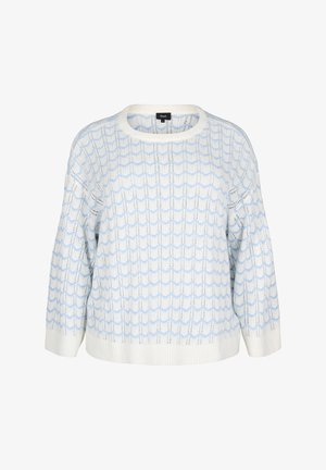 Pulover s valovitim uzorkom u bijeloj i svijetloplavoj boji, s okruglim izrezom, dugim rukavima i rebrastim rubom i manžetama. Teksturirana tkanina.