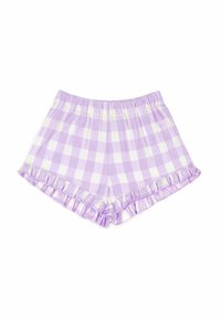 Pantalones cortos de vichy morados y blancos con una cinturilla elástica y un dobladillo con volantes. Hechos de tejido ligero, con un patrón de cuadros.
