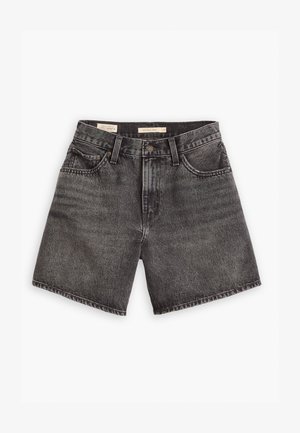 Sorte denimshorts med høy midje, to frontlommer og knappelukking. Har en falmet tekstur og ren nederkant.