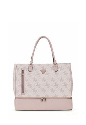 Sac à main rose clair avec surface à motif, deux poignées, poche zippée verticale à l'avant, et compartiment inférieur avec fermeture éclair double.