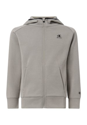 Hellgrauer Kapuzenpullover mit Reißverschluss, Fronttaschen, Kapuze und kleinen schwarzen Champion-Logos auf der Brust und am linken Ärmelbündchen.